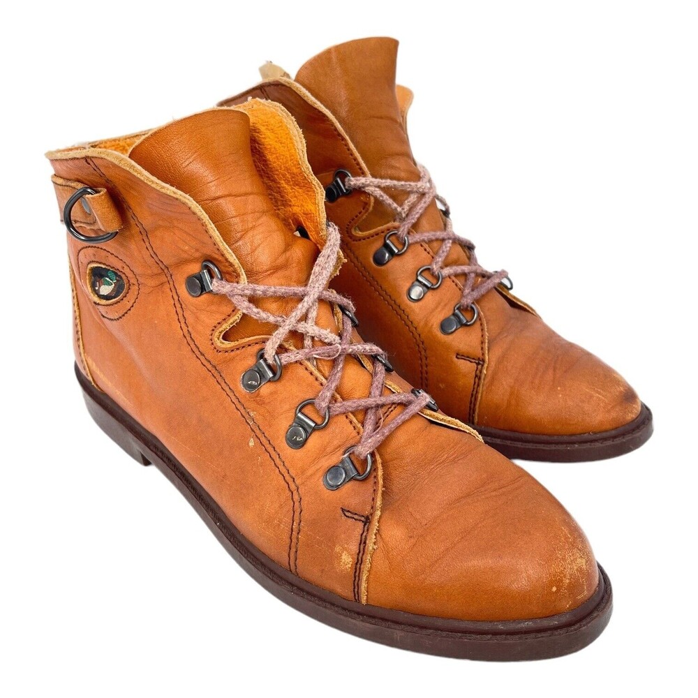 Romanian Leather Brown Ankle Bootie Hiking Boots Vintage Clicks Brand Size 7.5